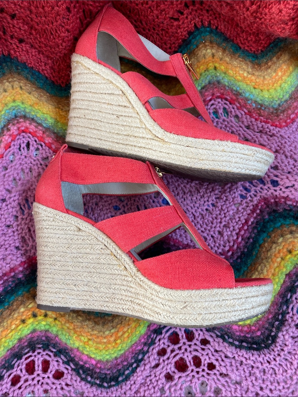 Michael Kors Size 9 M Coral Espadrille Wedge Sandals - Women's Strappy Zip Front - Picture 4 of 5